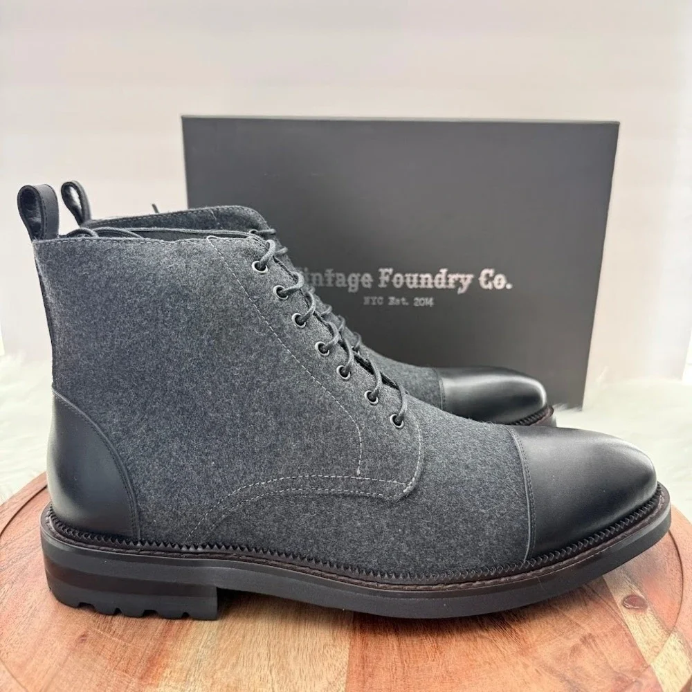 Vintage Foundry Co Remington‎ Black Leather Grey Wool Size 10 Cap Toe Boots  NIB